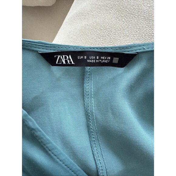 Zara Sea Green Tie Waist Satin Wrap Dress - Picture 2 of 6